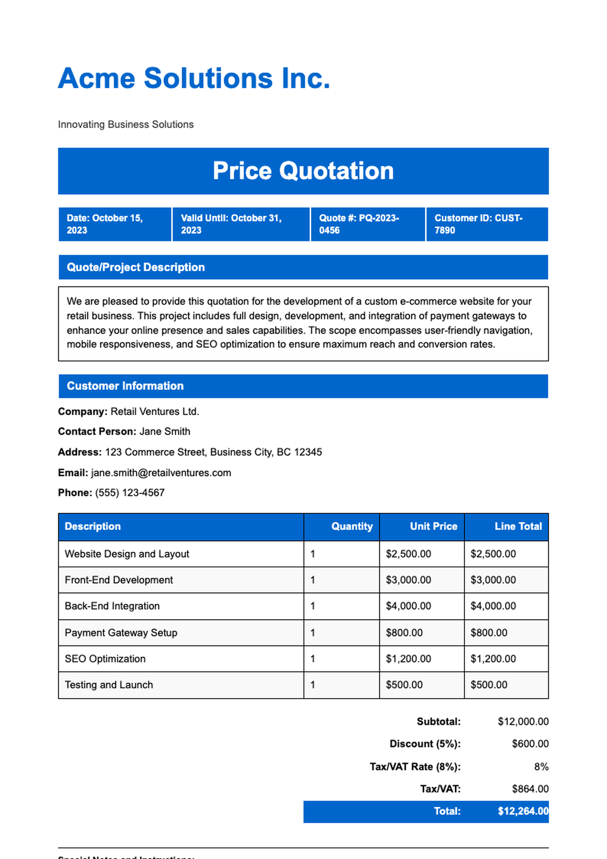 Professional price quotation template with blue headers and line item table_variant_3